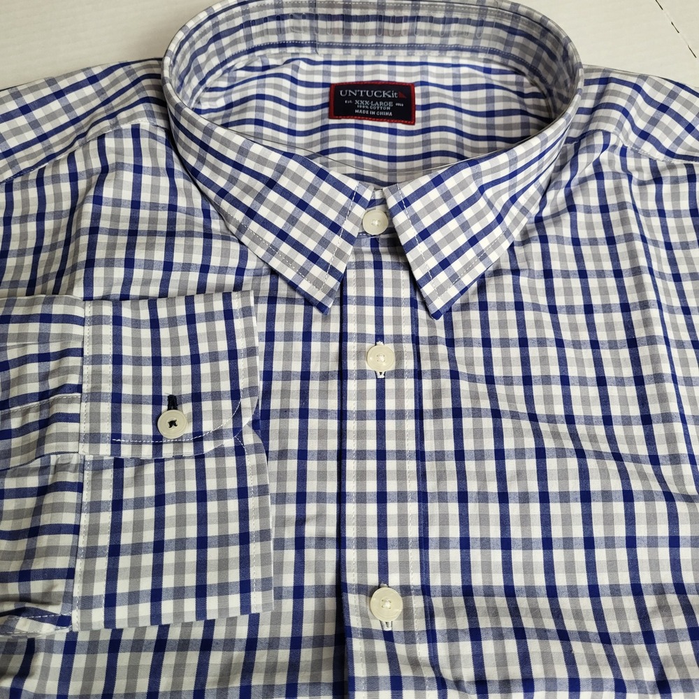 UNTUCKit Almaden XXX Large 3XL Blue Grey Gingham Check L/S Button Down Shirt NWT